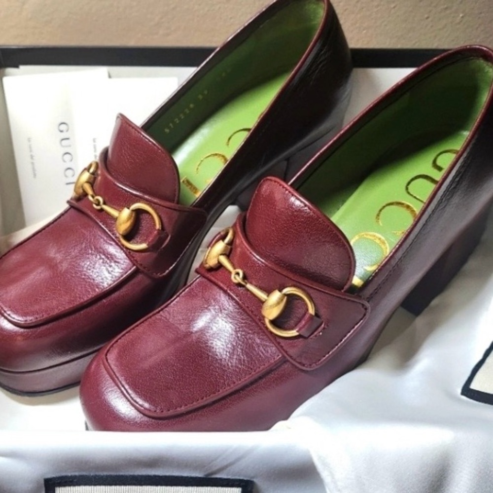Gucci Burgundy Platform Loafers with Gold Accent
